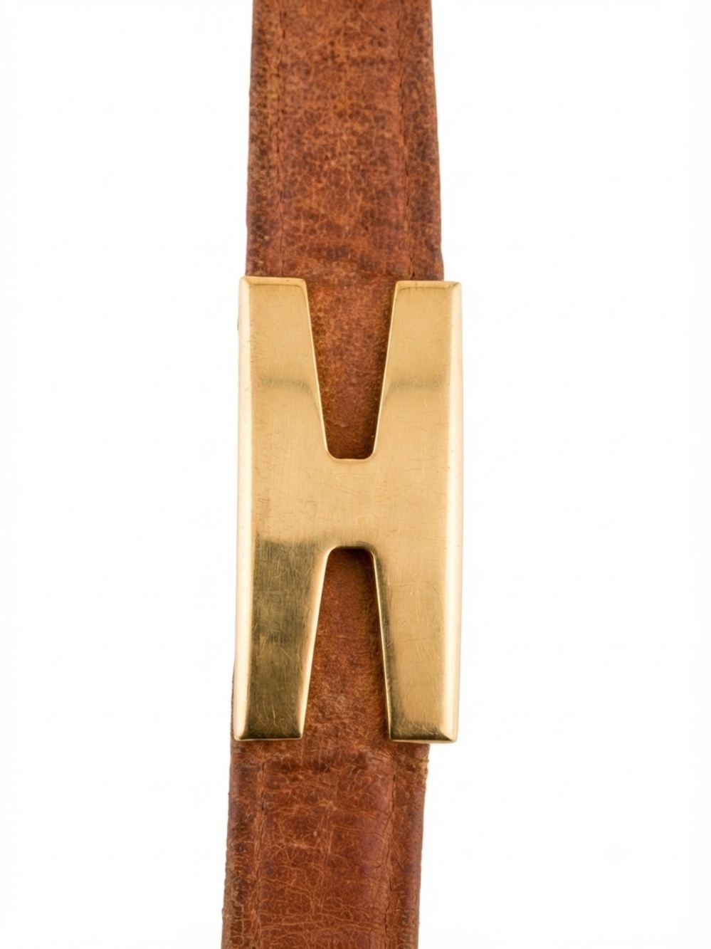 Vintage Brown Genuine Suede Belt with Gold-Tone Statement H Buckle